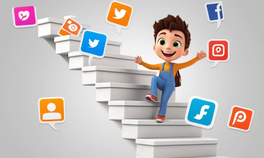 Cheerful cartoon character climbing a staircase labeled with steps to building a strong personal brand, holding a checklist.