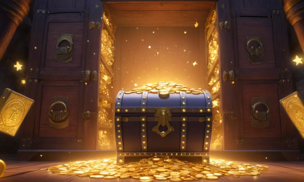 Cartoon of a character discovering a glowing treasure chest filled with symbols of success, representing the benefits of building a strong personal brand.