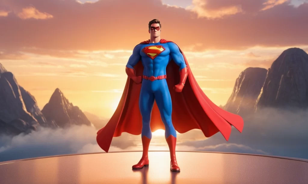 Dynamic cartoon character in a superhero pose with a cape, confidently showcasing their personal brand emblem.