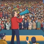 Cartoon of a coach with a megaphone trying to get the attention of a distracted crowd, illustrating the challenges of getting coaching clients.