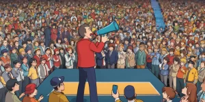 Cartoon of a coach with a megaphone trying to get the attention of a distracted crowd, illustrating the challenges of getting coaching clients.