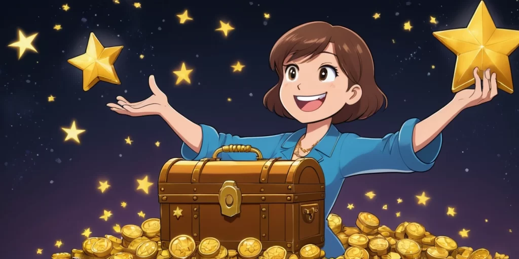 Cartoon of a character holding a treasure chest full of success symbols, representing the big benefits of overcoming client attraction challenges in coaching.