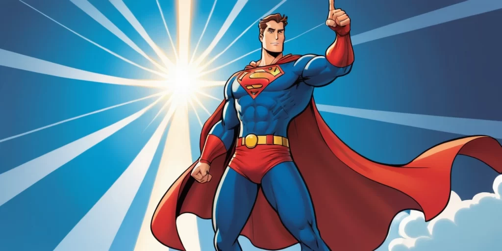 Cartoon of a character with a superhero cape, confidently pointing forward, symbolizing the importance of confidence in attracting coaching clients.