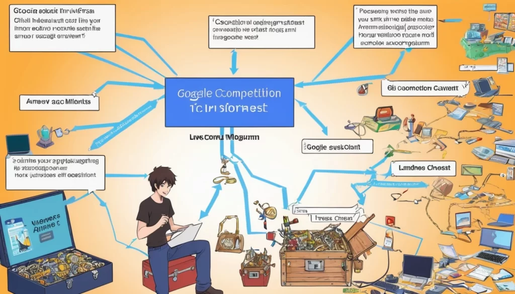 Illustration of a person finding treasure through keyword research tools like Google Suggestions and forums.